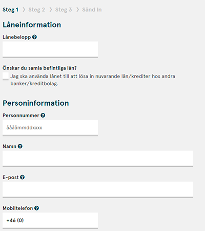 En skärmdump av Bank Norwegians låneansökan.