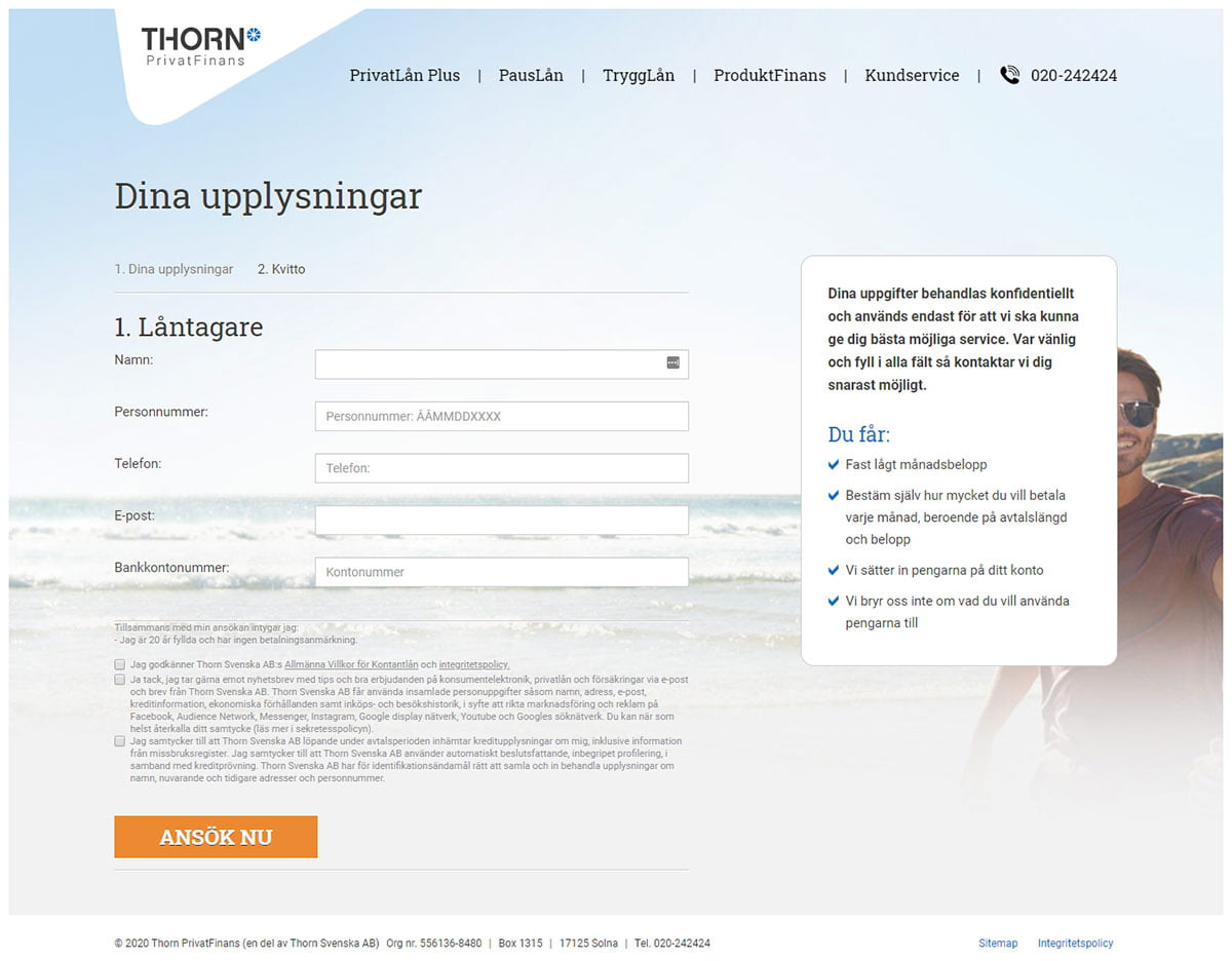 Thorn PrivatLån Plus formulär