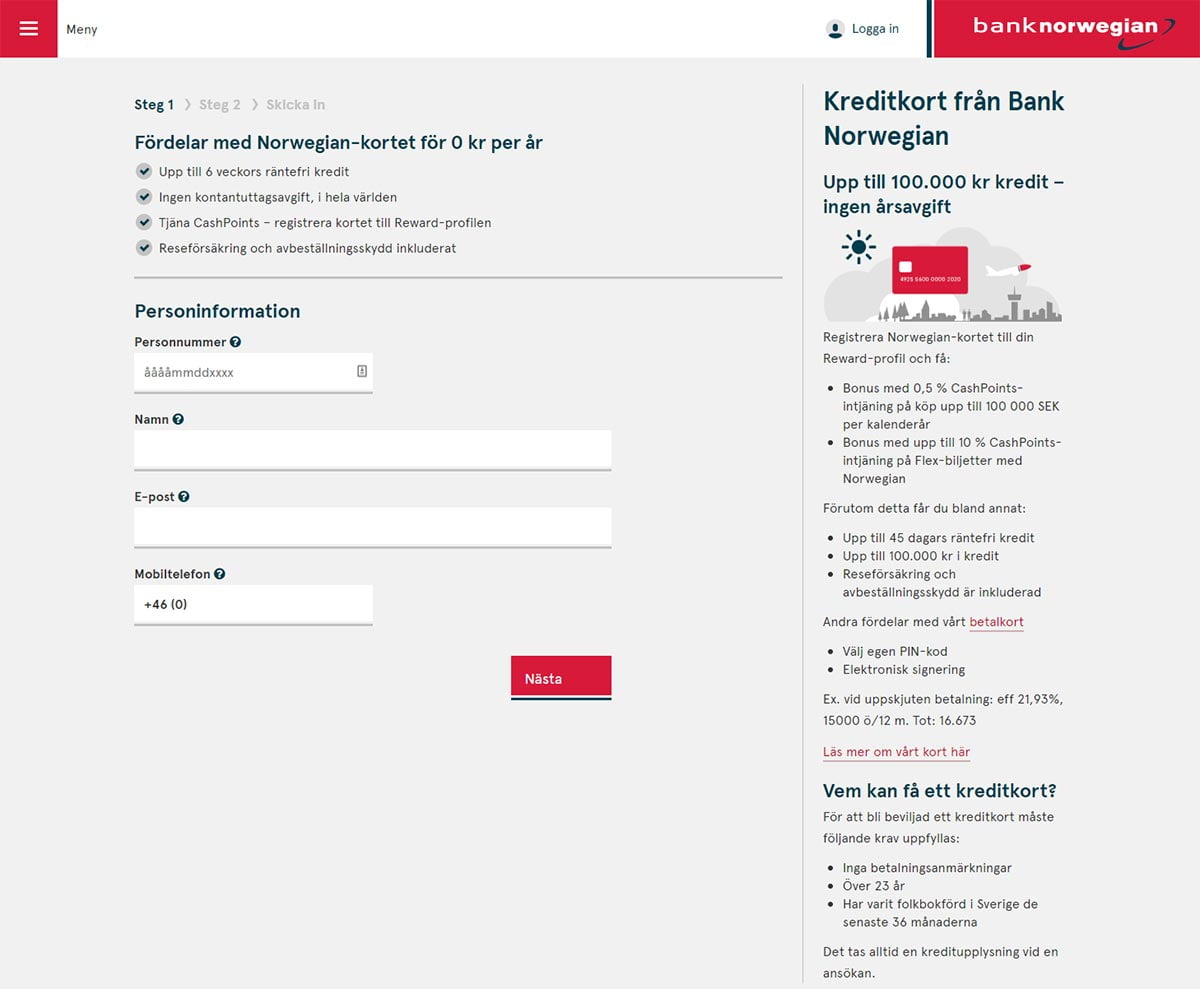 Kreditkort från Bank Norwegian Steg1