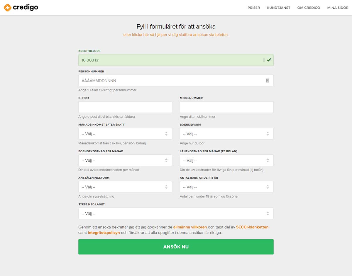 Credigo låneansökan