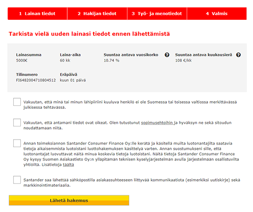 Kuvakaappaus Santanderin lainahakemuksesta
