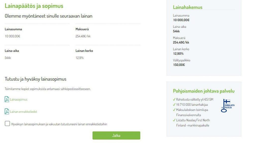 Kokemus lainasta
| Fellow Finance ilmoittaa lainan koroksi nimelliskoron, joka ei sisällä kaikkia kuluja.