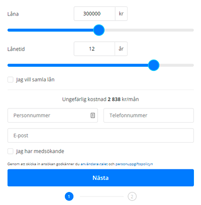 En skärmdump av Lendos låneansökan.