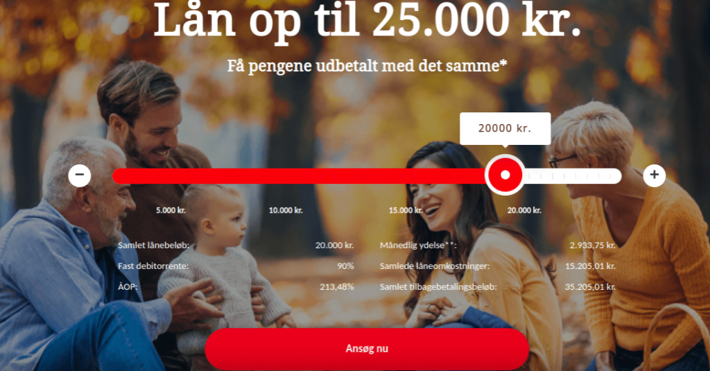 Anmeldelse af Folkelånet | Man skal her vælge lånebeløb og klikke på Ansøg nu.