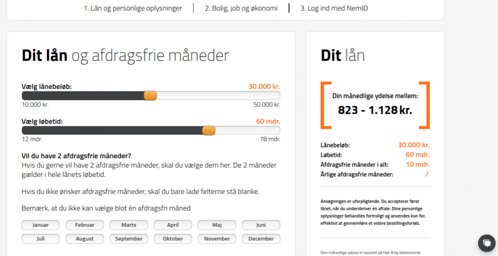 Anmeldelse af Modus Finans | Man skal vælge lånebeløb, løbetid og afdragsfrie måneder.