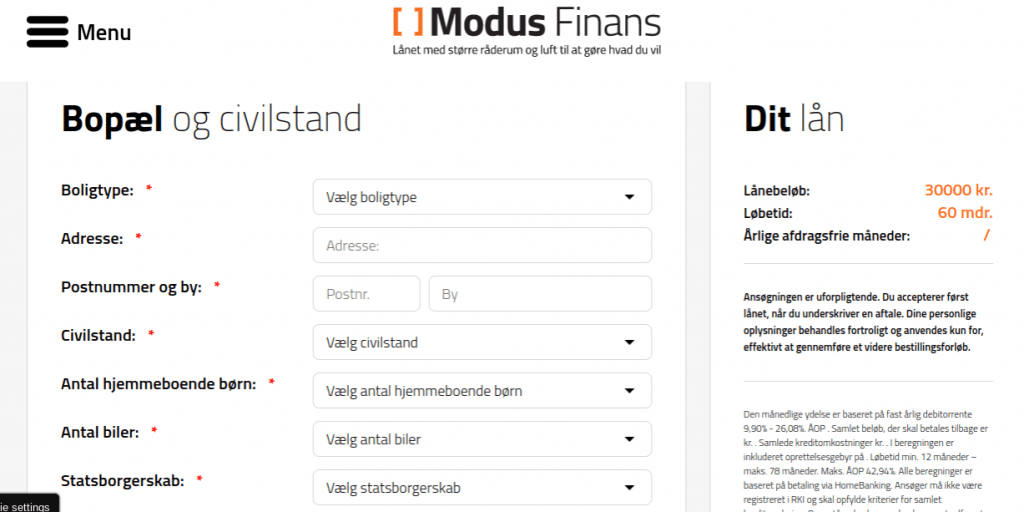 Anmeldelse af Modus Finans | Man skal her angive oplysninger om bopæl og civilstand.