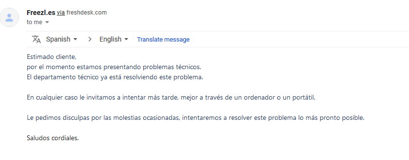 Respuesta del servicio de atención al cliente de Freezl